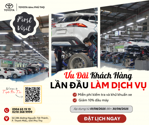 Banner chương trình ưu đãi dành cho khách hàng lần đầu trải nghiệm dịch vụ bảo dưỡng Toyota tại Phú Thọ.