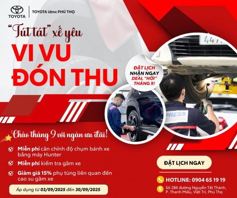 Banner chương trình Ưu đãi dịch vụ Toyota tháng 9 tại Toyota Phú Thọ về chăm sóc gầm và lốp xe