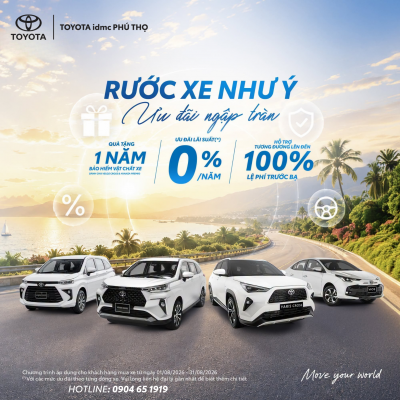 Ưu đãi Toyota tháng 8 2026: Cơ hội sở hữu Toyota với nhiều chính sách hấp dẫn tại Toyota Phú Thọ 1 Ưu đãi Toyota tháng 8 2026 tại Toyota Phú Thọ dành cho Vios, Veloz Cross, Avanza Premio và Yaris Cross.