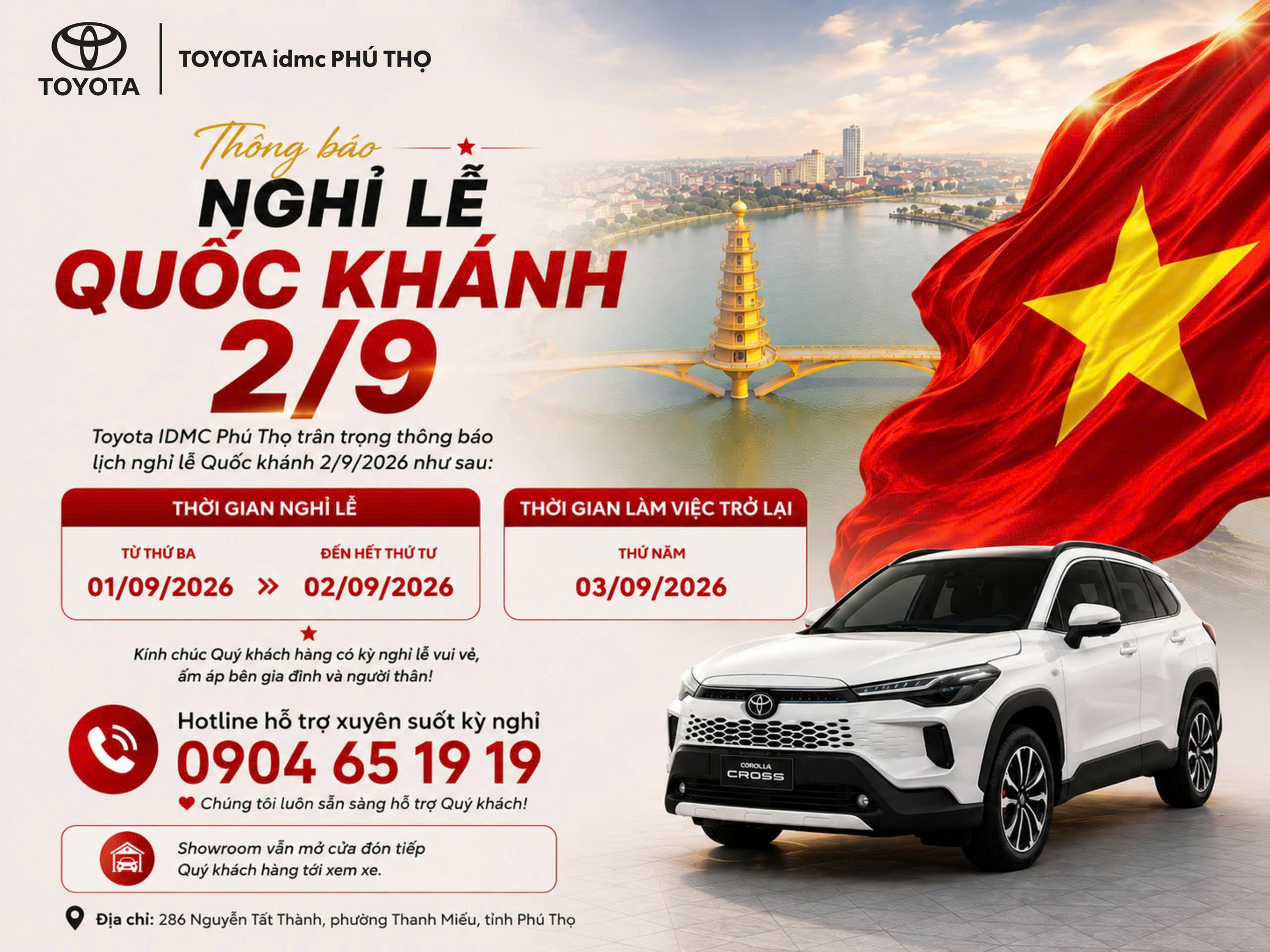 Thông báo lịch nghỉ lễ 2/9 - Toyota Phú Thọ