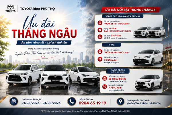 THÁNG NGÂU THÊM NHIỀU LÝ DO ĐỂ ĐÓN XE MỚI VỚI ƯU ĐÃI TOYOTA THÁNG 8/2026 1 Ưu đãi Toyota tháng 8/2026 tại Toyota Phú Thọ dành cho Veloz Cross, Avanza Premio, Vios và Yaris Cross