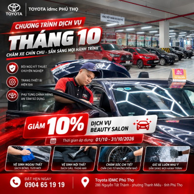 Ưu đãi Beauty Salon Toyota tháng 10 2026 – Giảm 10% tại Toyota Phú Thọ 1 Ưu đãi Beauty Salon Toyota tháng 10 2026 tại Toyota Phú Thọ