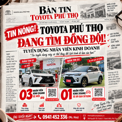 Toyota Phú Thọ tuyển dụng 04 Nhân viên Kinh doanh Xe mới và Xe đã qua sử dụng tháng 10/2026 1 Toyota Phú Thọ tuyển dụng 03 nhân viên kinh doanh xe mới và 01 nhân viên kinh doanh xe đã qua sử dụng tháng 10 năm 2026